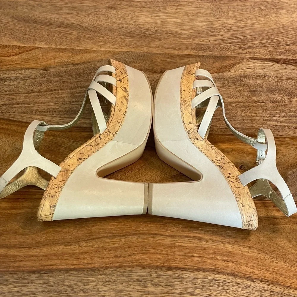 Seychelles Leather Cork T-Strap Platform Heel Strappy Sandals Taupe Off White‎ 9
